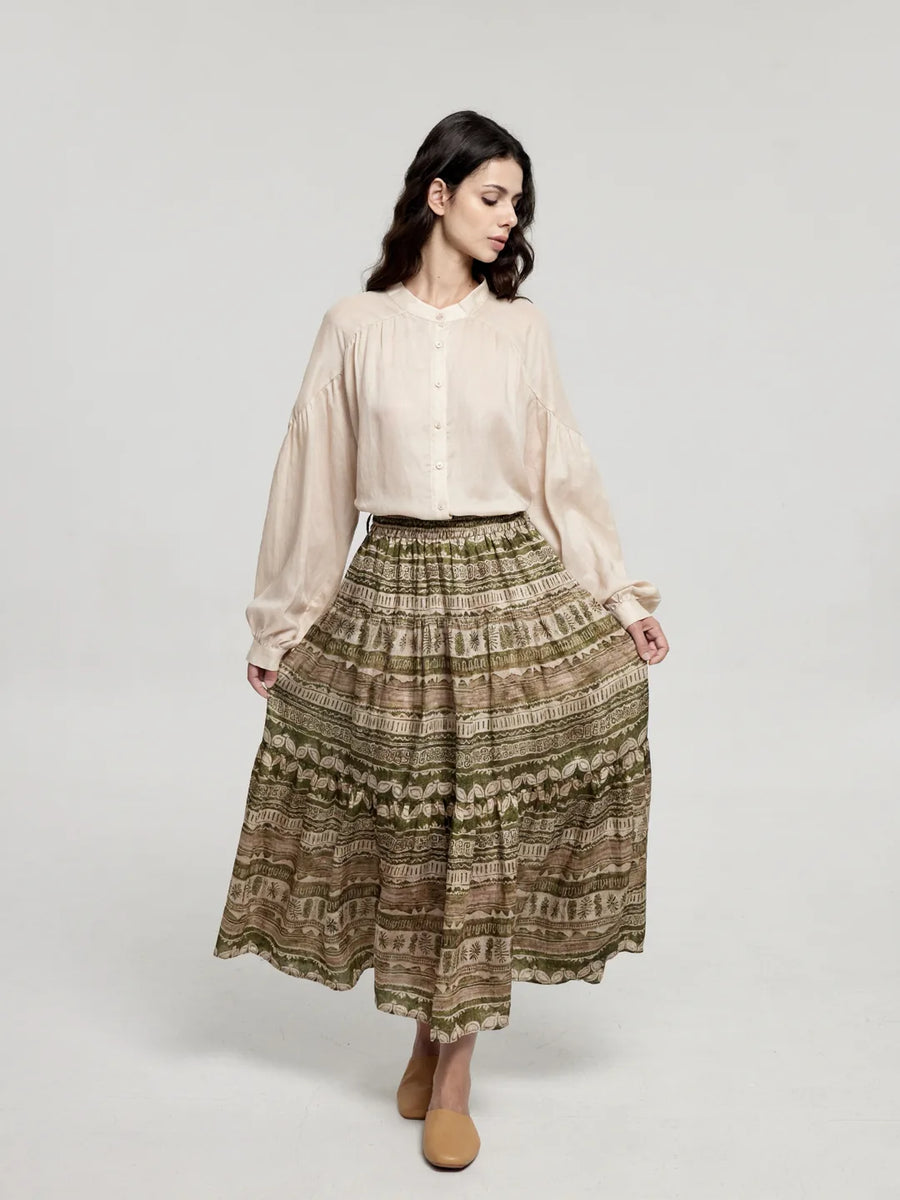 A-Line Tiered Print Midi Skirt