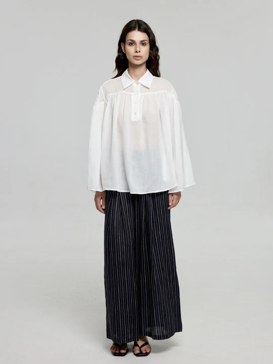 Wide-Leg Smocked-Waist Pinstripe Trousers