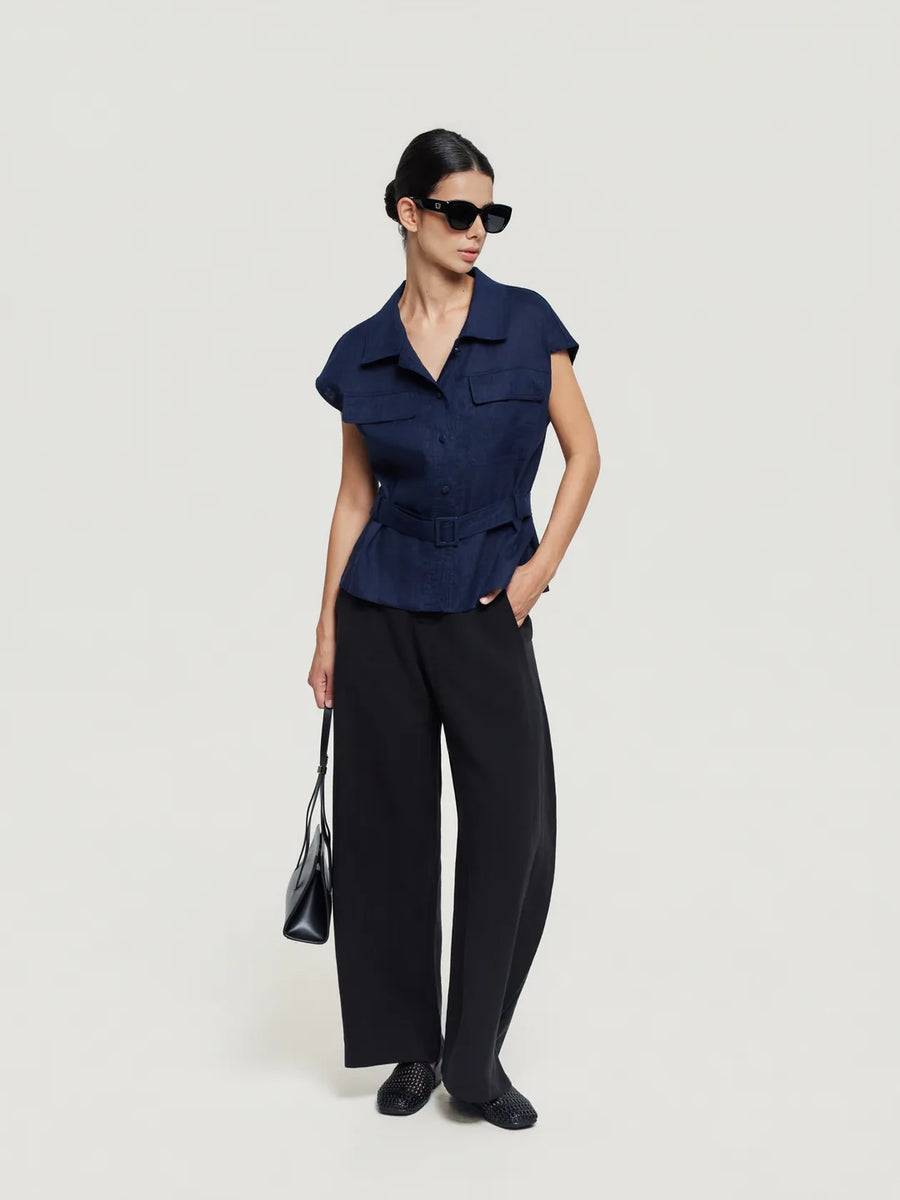 Regular-Fit Belted Short-Sleeve Top with Twin Pockets