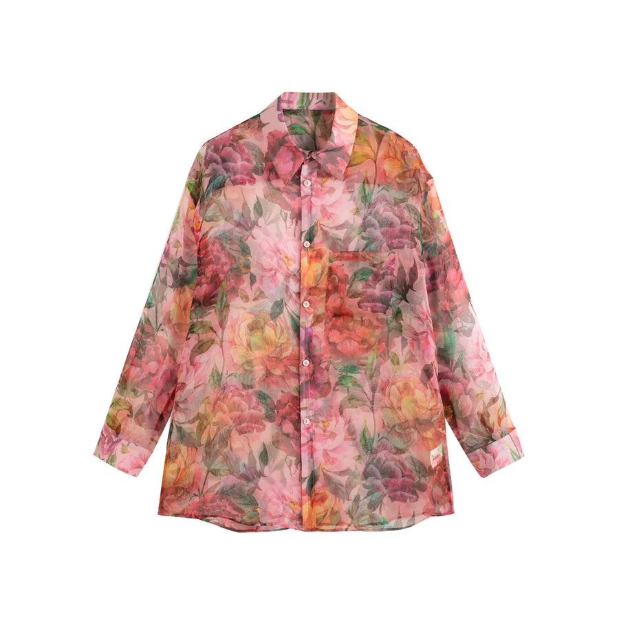 Regular-Fit Watercolor-Print Sheer Blouse