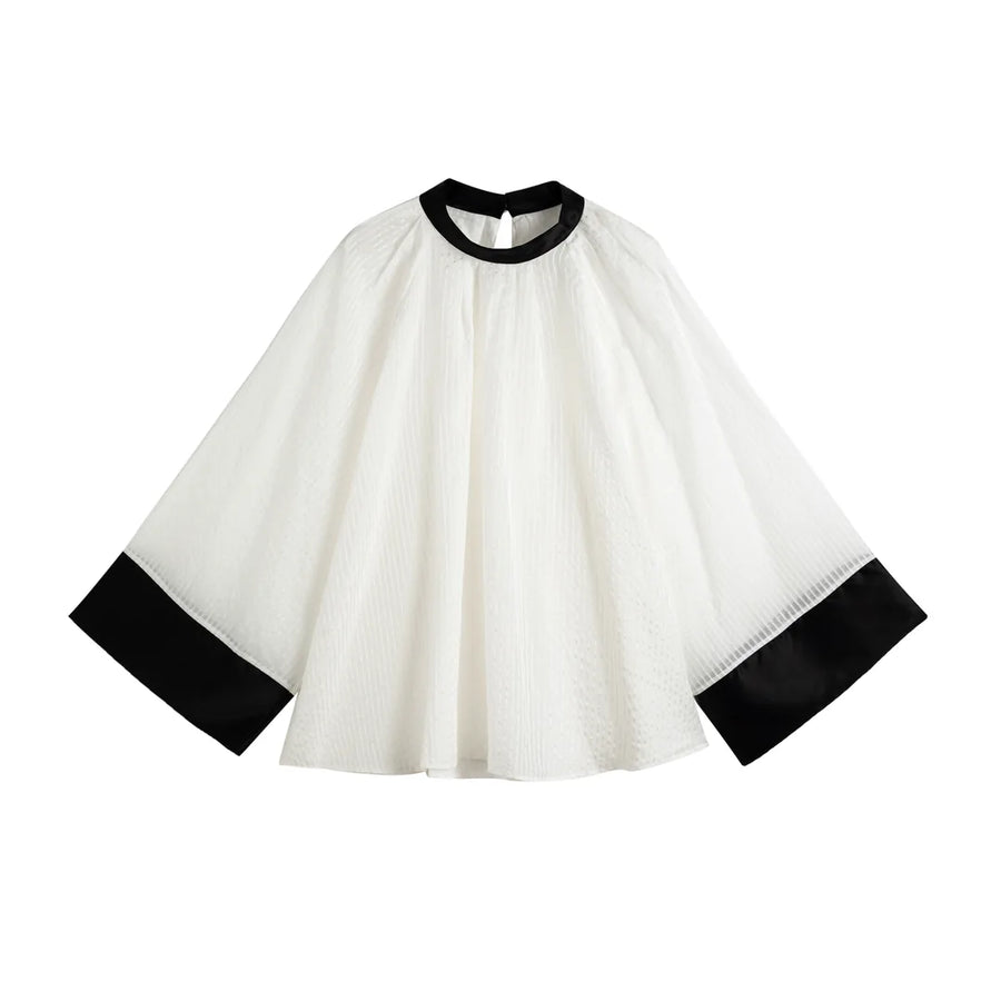 Oversized Pleated Contrast-Trim Blouse