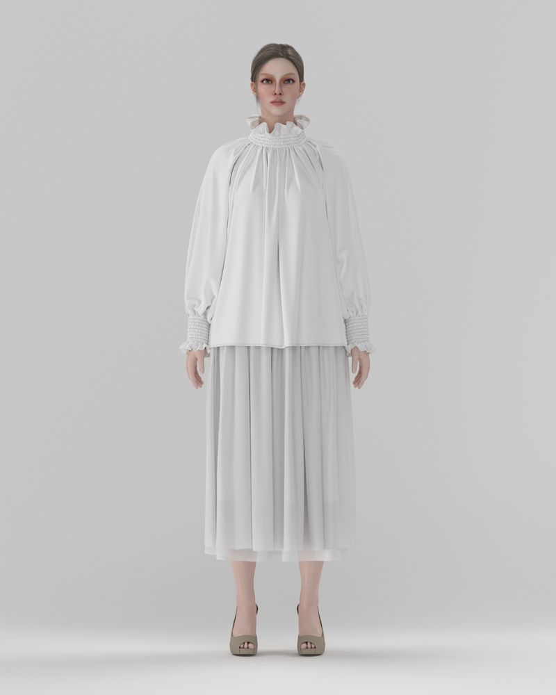 DF-TP-26023 · Loose-Fit Smocked-Cuff Blouse with Ruffled Stand Collar
