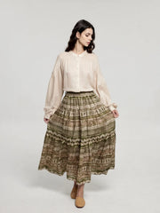 A-Line Tiered Print Midi Skirt
