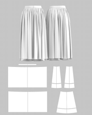 A-Line Tiered Pleated Midi Skirt with Lace Hem (DF-BT-26004) – flat pattern and construction layout, 3D render
