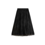 A-Line Tiered Pleated Midi Skirt with Lace Hem