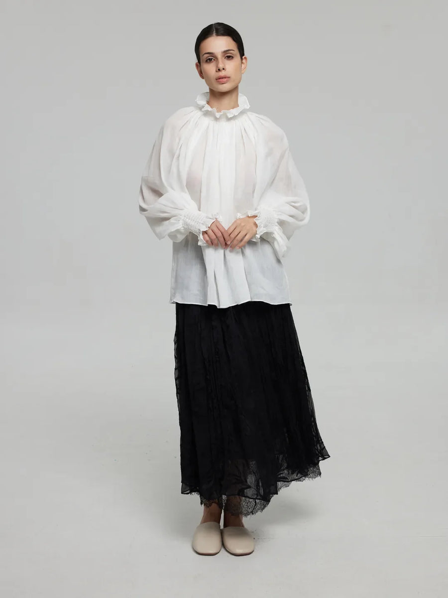 A-Line Tiered Pleated Midi Skirt with Lace Hem