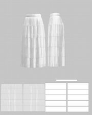 A-Line Tiered Fringe Midi Skirt (DF-BT-26005) – flat pattern and construction layout, 3D render