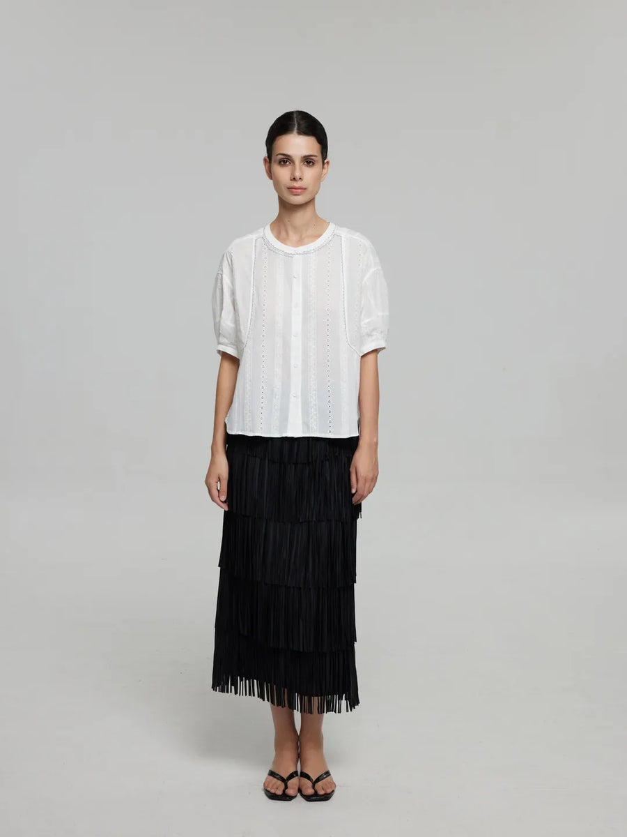 A-Line Tiered Fringe Midi Skirt