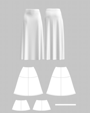 A-Line Knit Pleated Midi Skirt (DF-BT-26007) – flat pattern and construction layout, 3D render