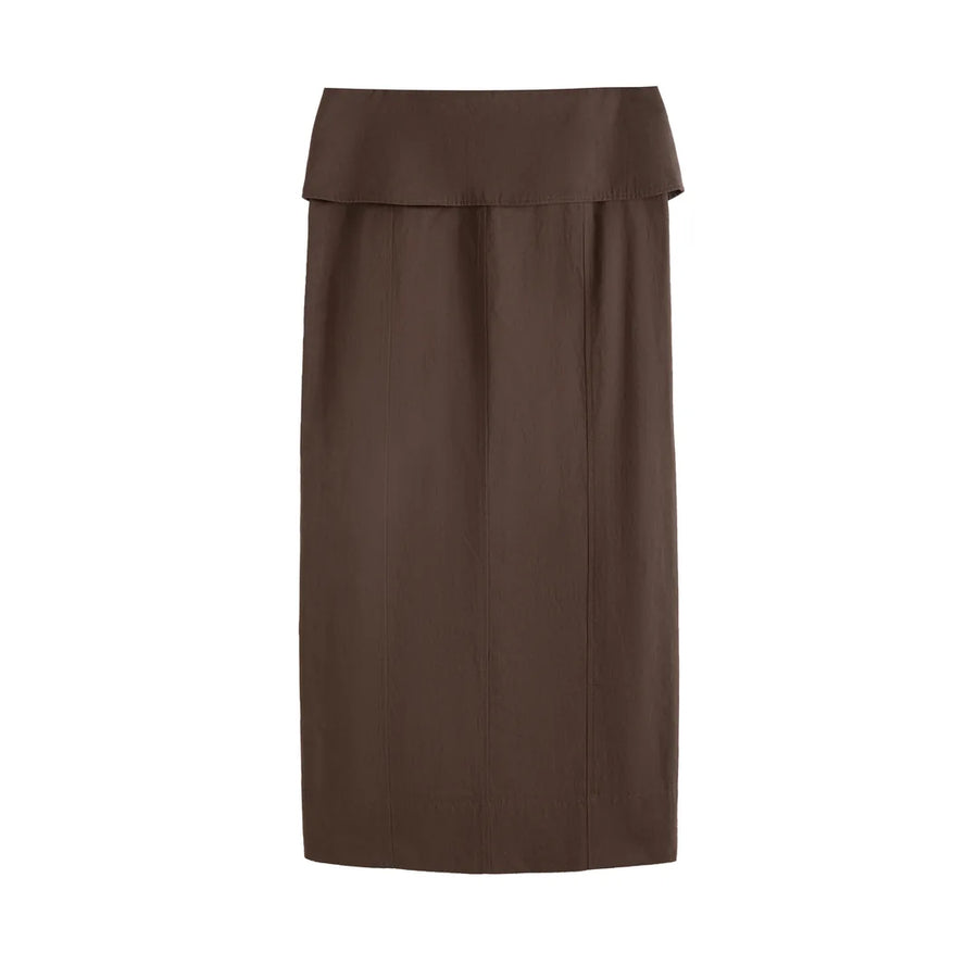 Fitted Foldover-Waist Pencil Midi Skirt