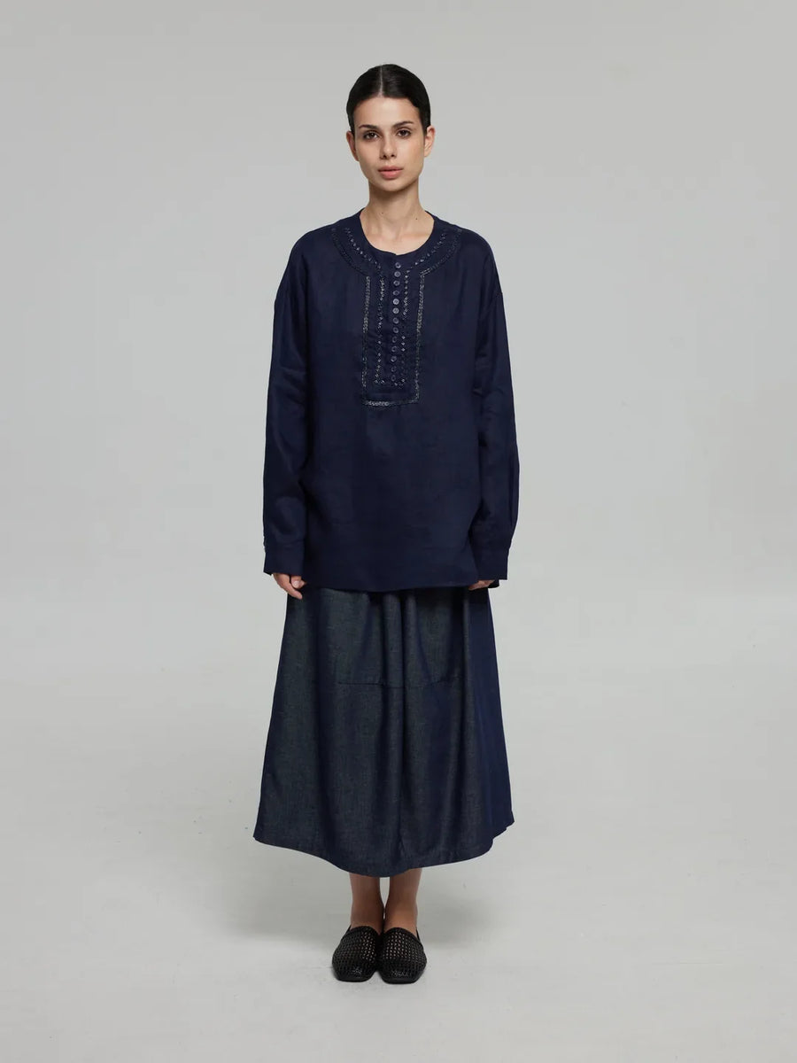 Embroidered Long-Sleeve Tunic and Midi Skirt Set