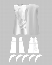 Fitted Ruched-Panel Sheath Dress — flat pattern and construction layout, 3D render