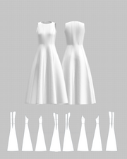 A-Line Round-Neck Fit-and-Flare Midi Dress — flat pattern and construction layout, 3D render