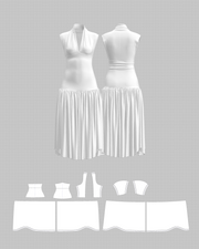 Dropped-Waist V-Neck Midi Dress — flat pattern and construction layout, 3D render