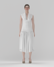 Dropped-Waist V-Neck Midi Dress — front view, 3D render on model