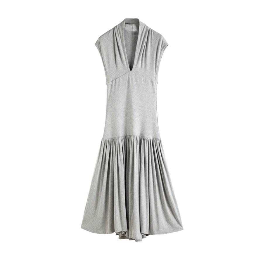 Dropped-Waist V-Neck Midi Dress
