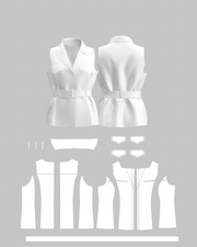 Regular-Fit Belted Vest with Notched Lapel — flat pattern and construction layout, 3D render