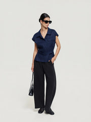 Regular-Fit Belted Short-Sleeve Top with Twin Pockets