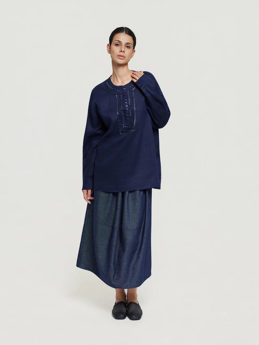 Regular-Fit Beaded Band-Collar Pullover Shirt