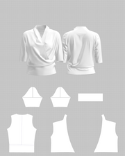 Regular-Fit Short-Sleeve Knit Wrap Top — flat pattern and construction layout, 3D render