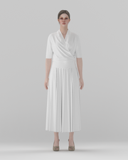 Regular-Fit Short-Sleeve Knit Wrap Top — front view, 3D render on model (bottoms shown for styling only)