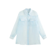 Oversized Sheer Button-Up Shirt with Twin Pockets