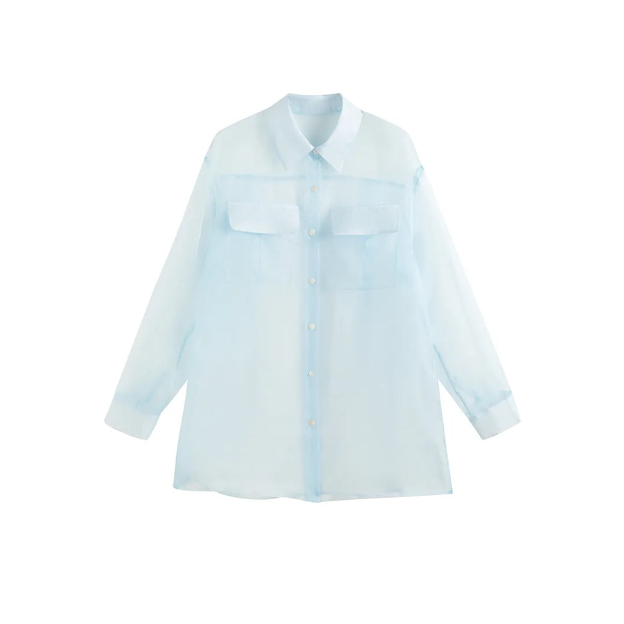 Oversized Sheer Button-Up Shirt with Twin Pockets