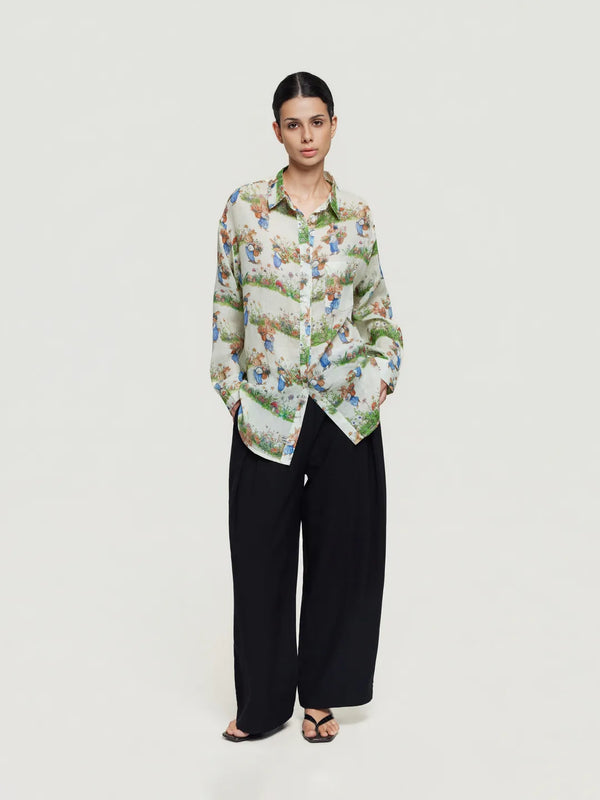 Regular-Fit Cartoon-Print Button-Up Shirt