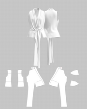 Fitted Tie-Front Vest with Peplum Hem — flat pattern and construction layout, 3D render