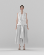Fitted Tie-Front Vest with Peplum Hem — front view, 3D render on model (bottoms shown for styling only)