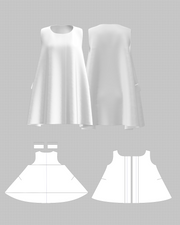 A-Line Round-Neck Sleeveless Top — flat pattern and construction layout, 3D render