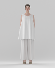 A-Line Round-Neck Sleeveless Top — front view, 3D render on model (bottoms shown for styling only)