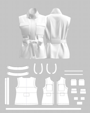 Regular-Fit Stand-Collar Vest and Trousers Set — flat pattern and construction layout, 3D render