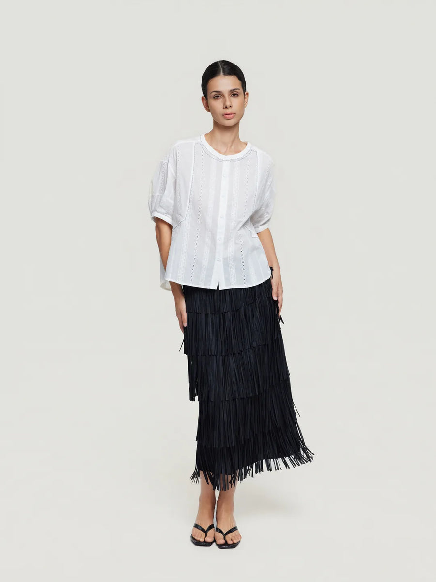 Relaxed-Fit Short-Sleeve Lace-Panel Blouse