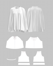 Oversized Pleated Contrast-Trim Blouse — flat pattern and construction layout, 3D render