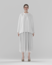 Oversized Pleated Contrast-Trim Blouse — front view, 3D render on model (bottoms shown for styling only)
